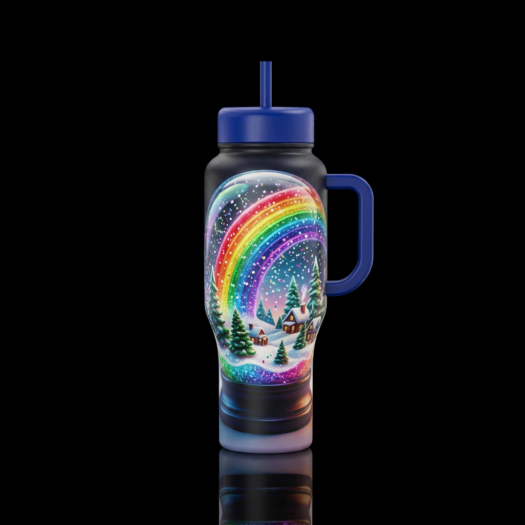 Rainbow snow globe water bottle design