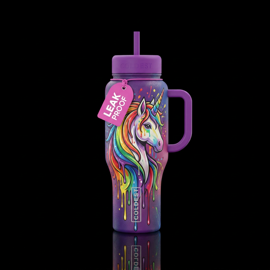 Drippy rainbow unicorn water bottle design