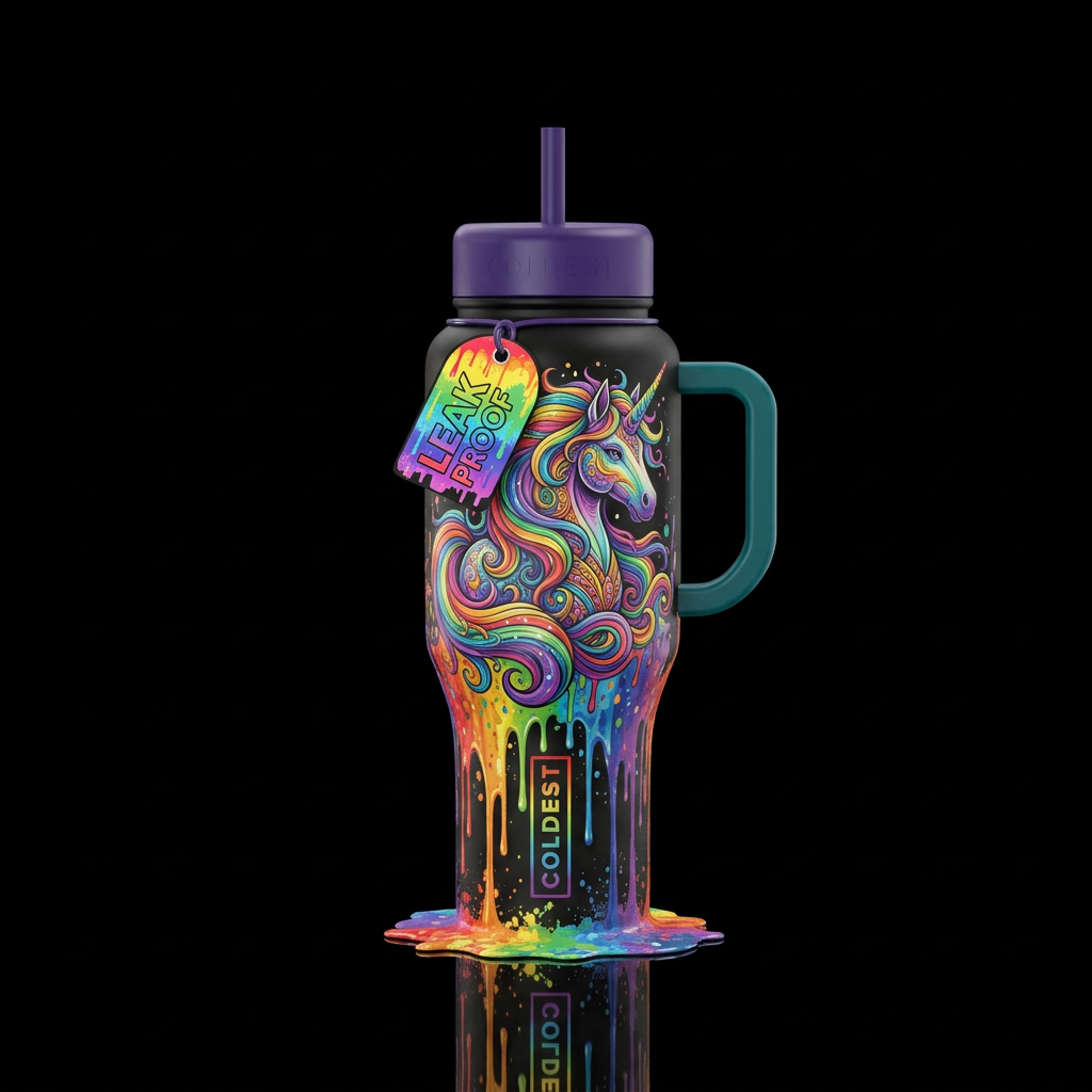 Drippy rainbow unicorn water bottle design