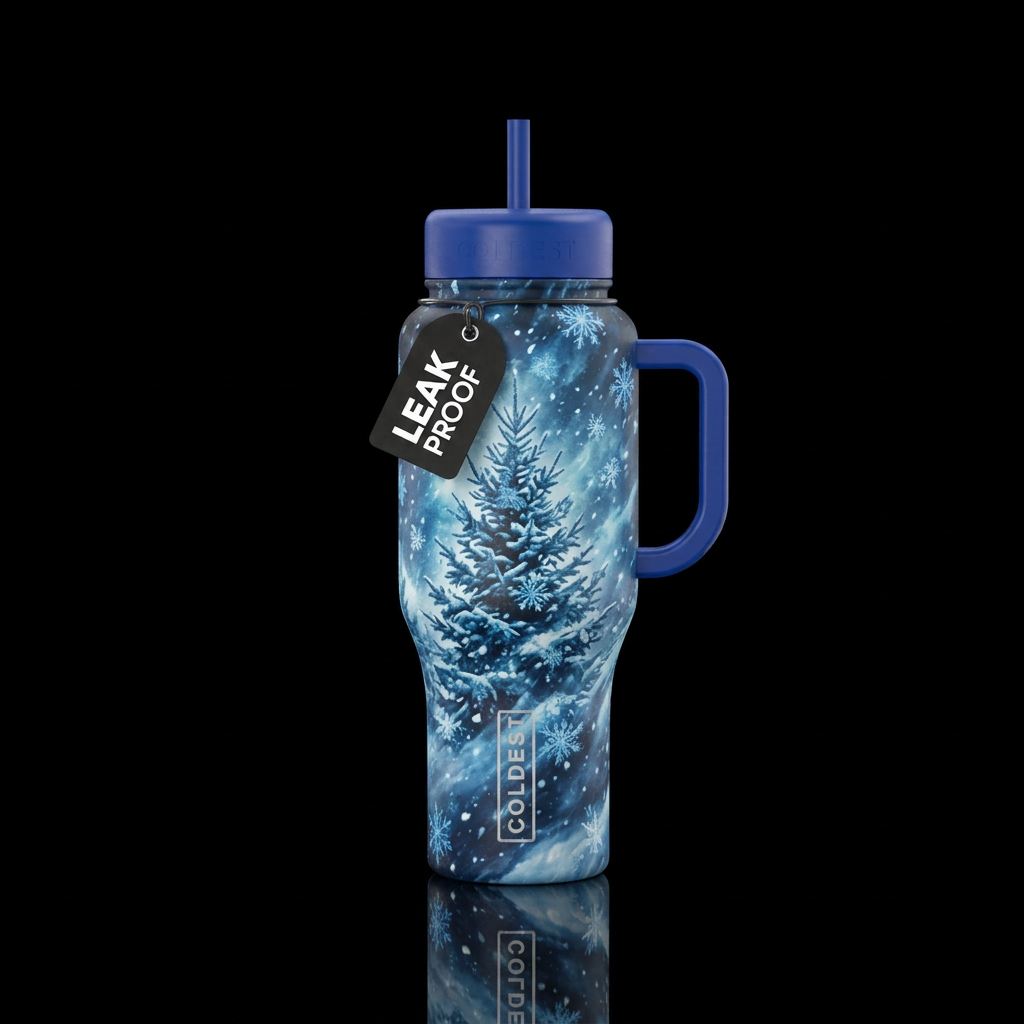 Pine tree with blue and white snowflakes during a ... water bottle design