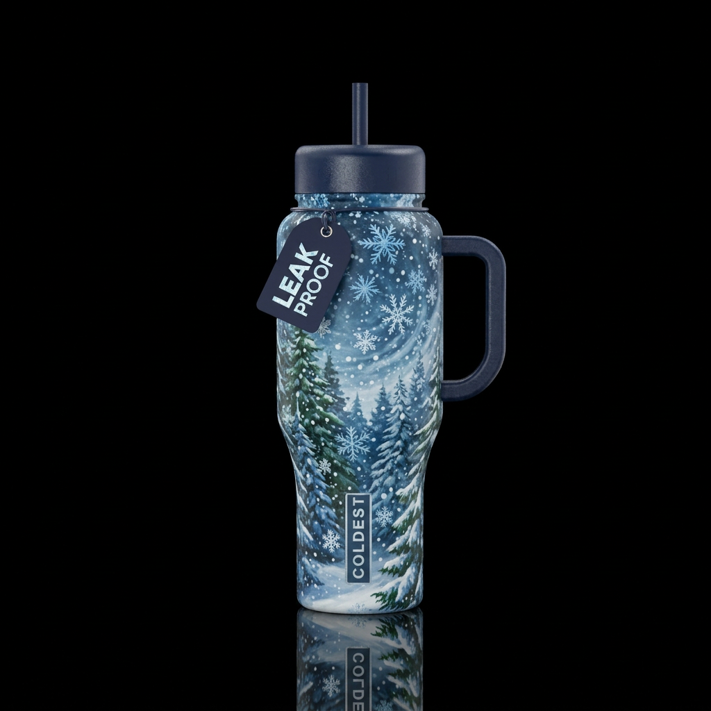Pine tree with blue and white snowflakes during a ... water bottle design