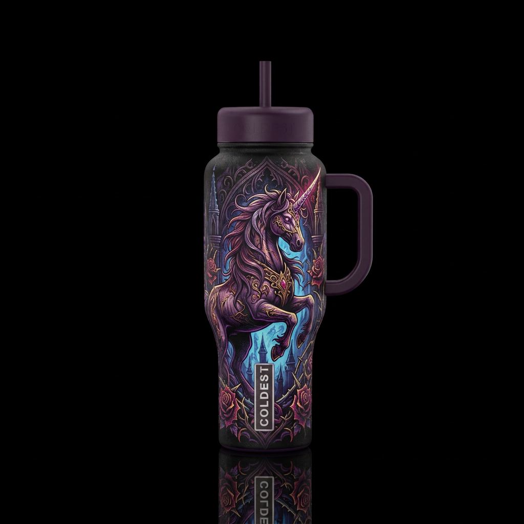 Gothic unicorn water bottle design