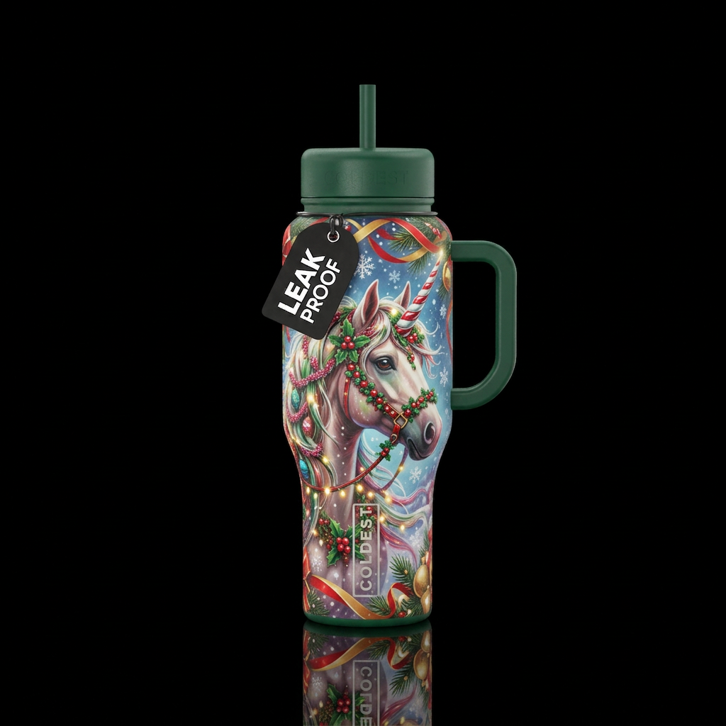 Christmas unicorn water bottle design