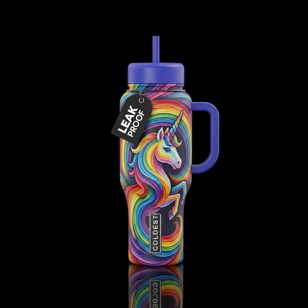 Rainbow unicorn paper twirling water bottle design