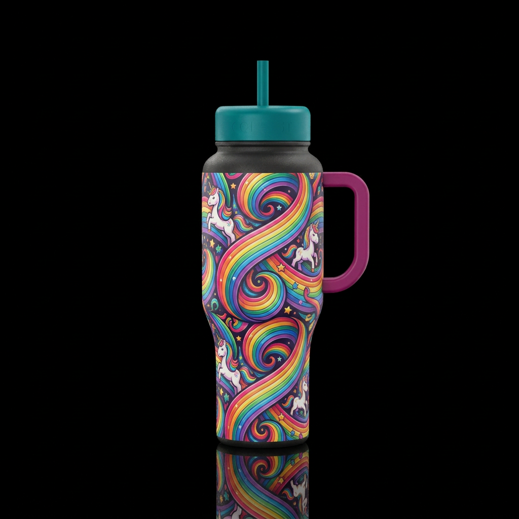 Rainbow unicorn paper twirling water bottle design