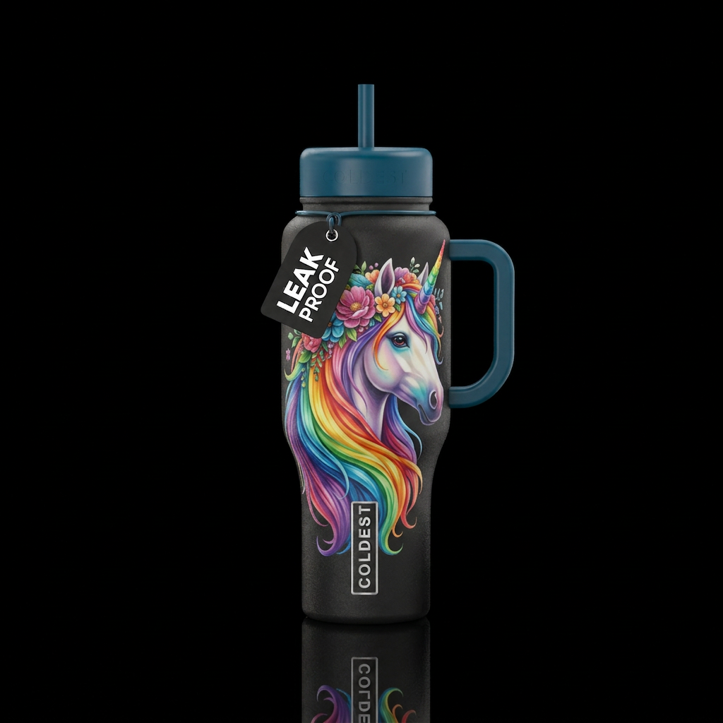 Rainbow unicorn with floral mane water bottle design