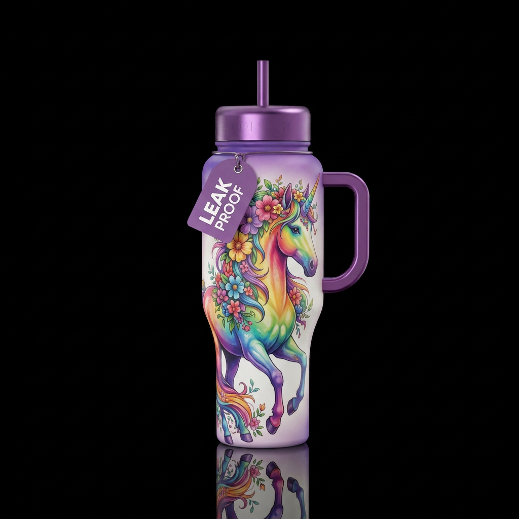 Rainbow unicorn with floral mane water bottle design