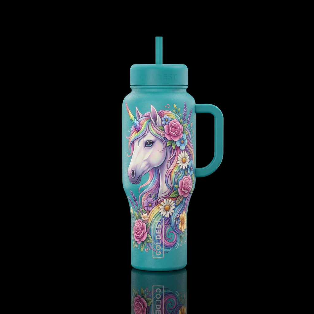 Rainbow unicorn with floral mane water bottle design