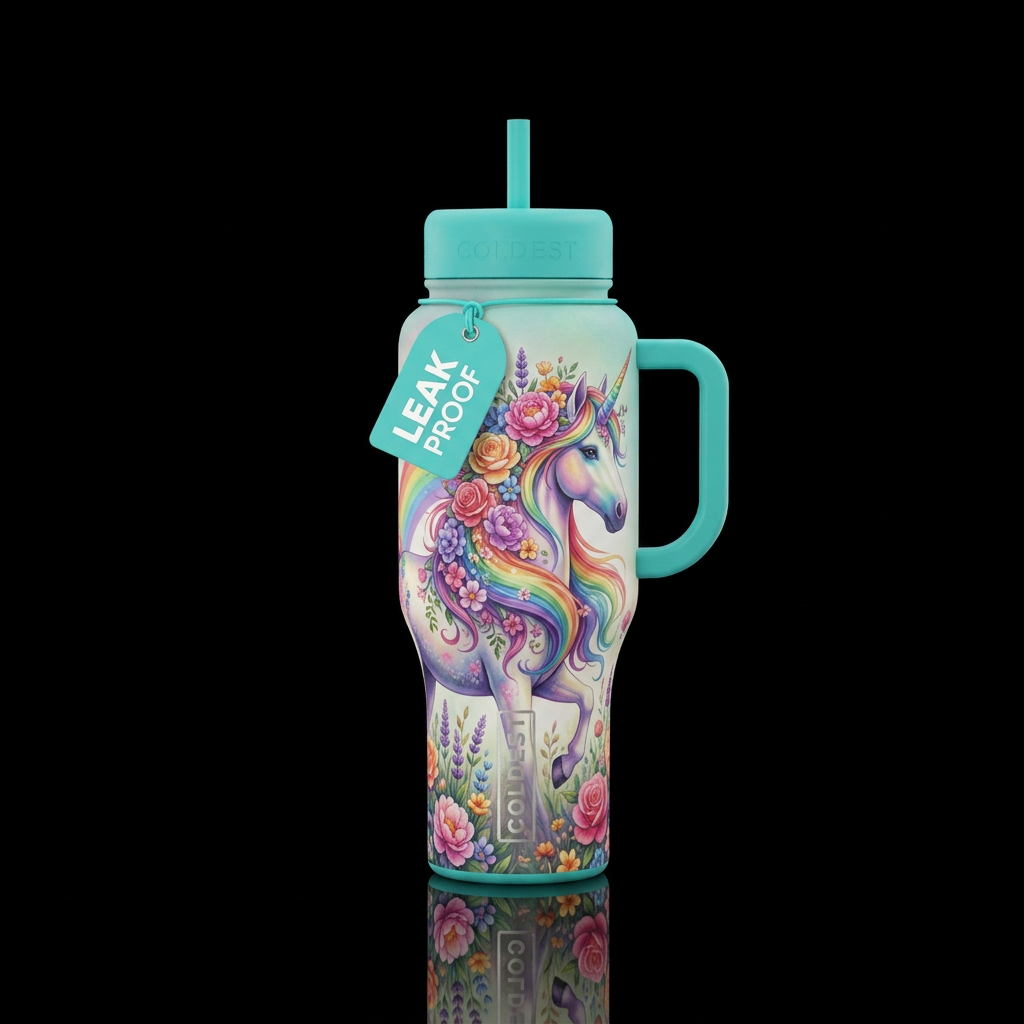 Rainbow unicorn with floral mane water bottle design