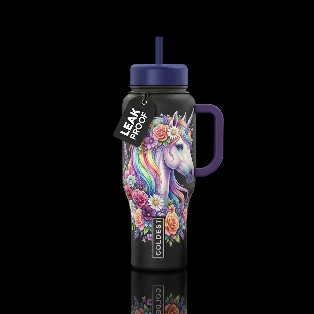Rainbow unicorn with floral mane water bottle design