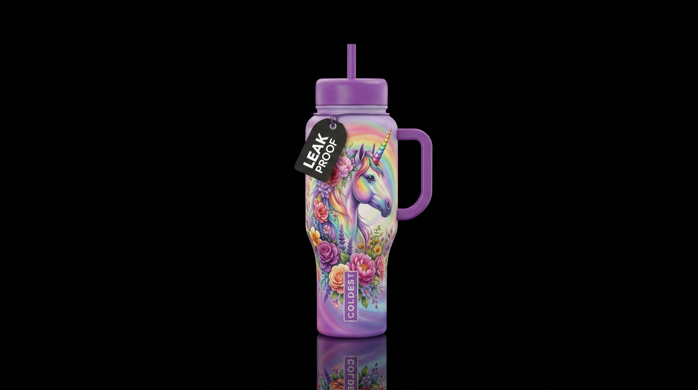 Rainbow unicorn with floral mane water bottle design