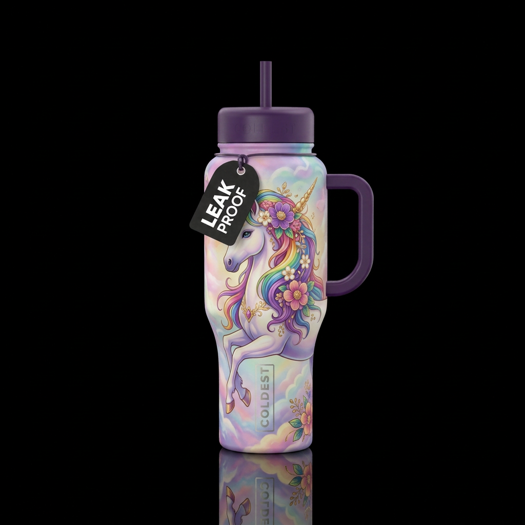 Rainbow unicorn with floral mane water bottle design