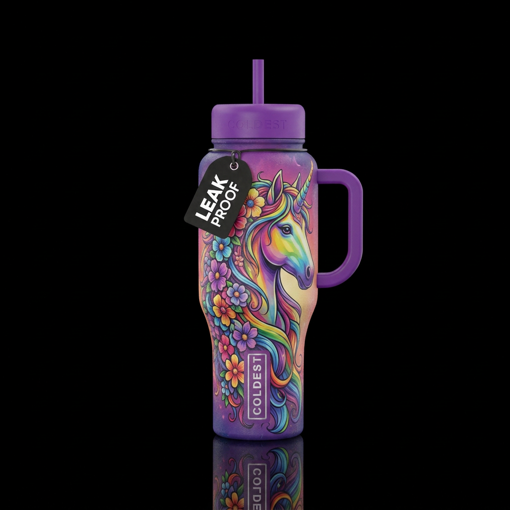 Rainbow unicorn with floral mane water bottle design