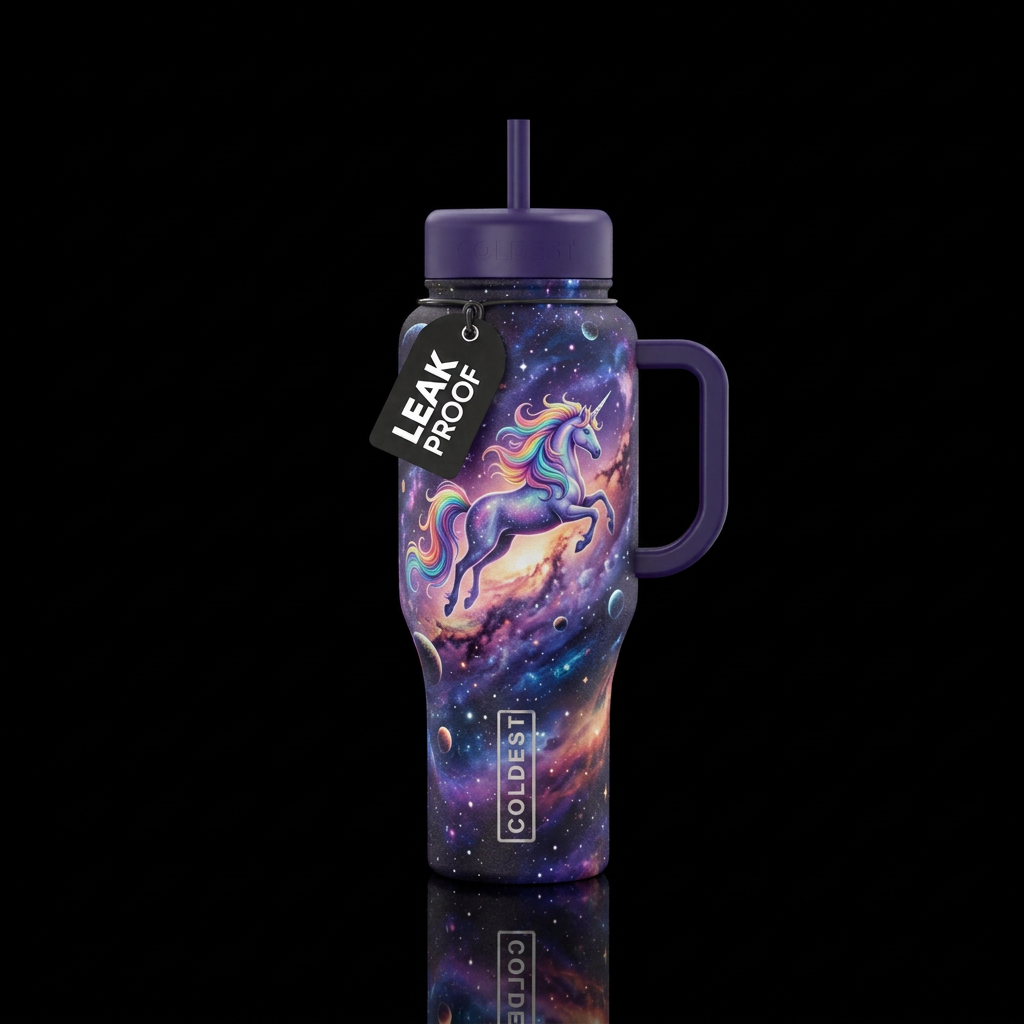 Unicorn, rainbow colors, cosmic, outer space water bottle design