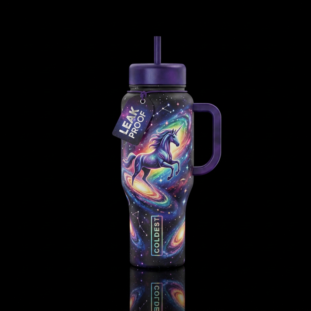 Unicorn, rainbow colors, cosmic, outer space water bottle design