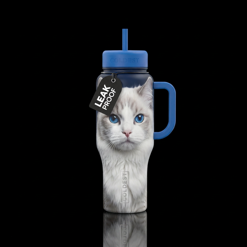 White long haired ragdoll cat with vivid blue eyes water bottle design