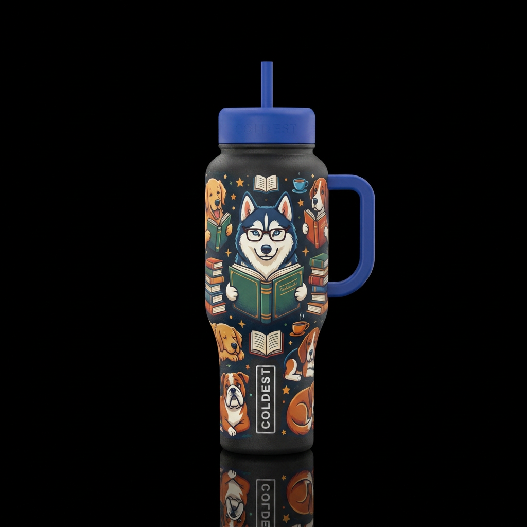 Book buddies, dogs, husky water bottle design