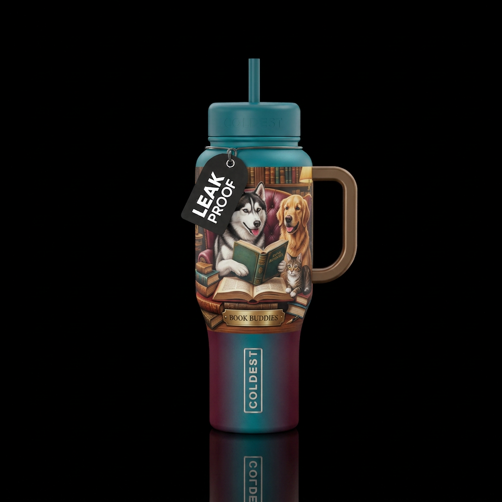 Book buddies, dogs, husky water bottle design