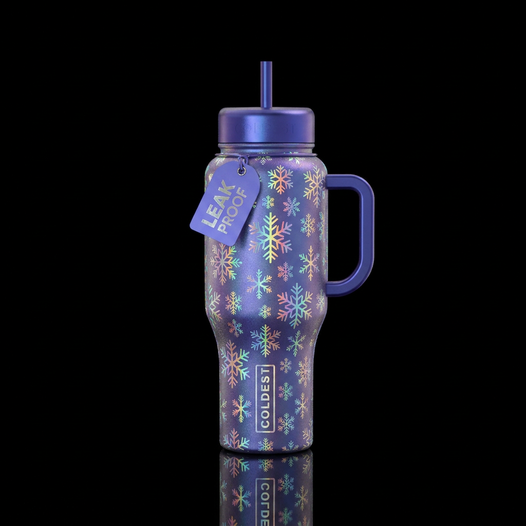 Holographic rainbow snowflakes water bottle design