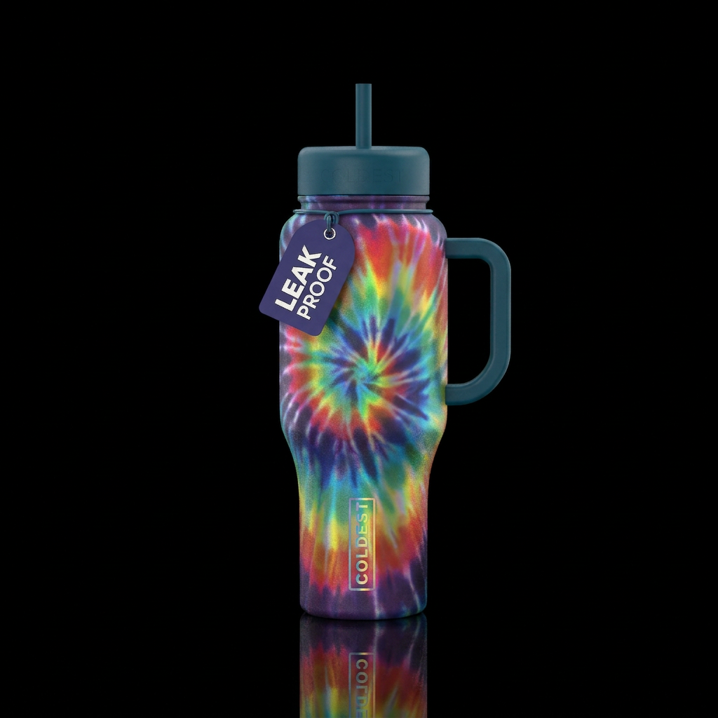 Rainbow holographic tie dye water bottle design