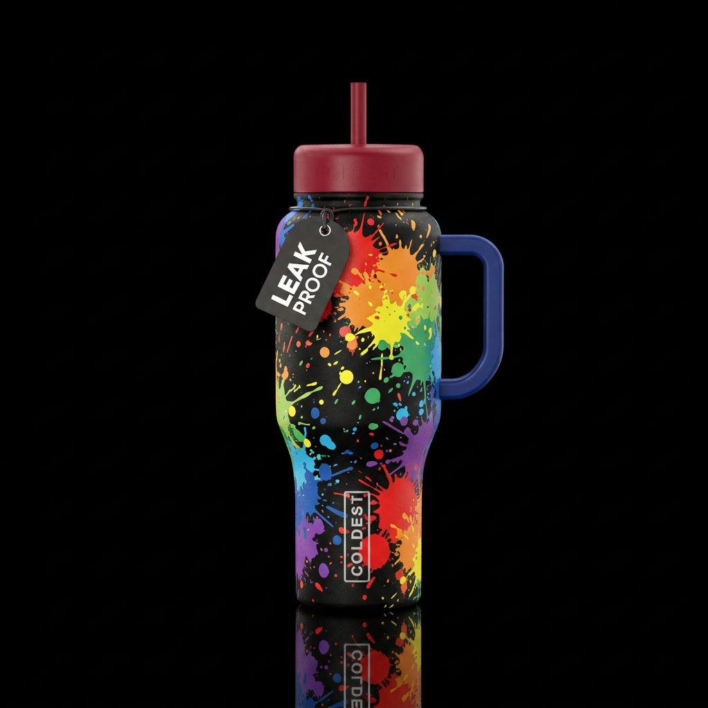 Rainbow paint splatter water bottle design