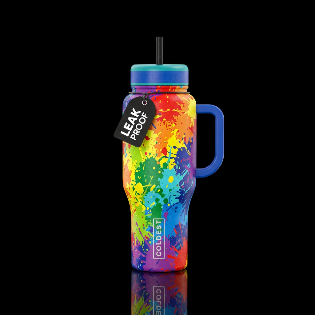 Rainbow paint splatter water bottle design
