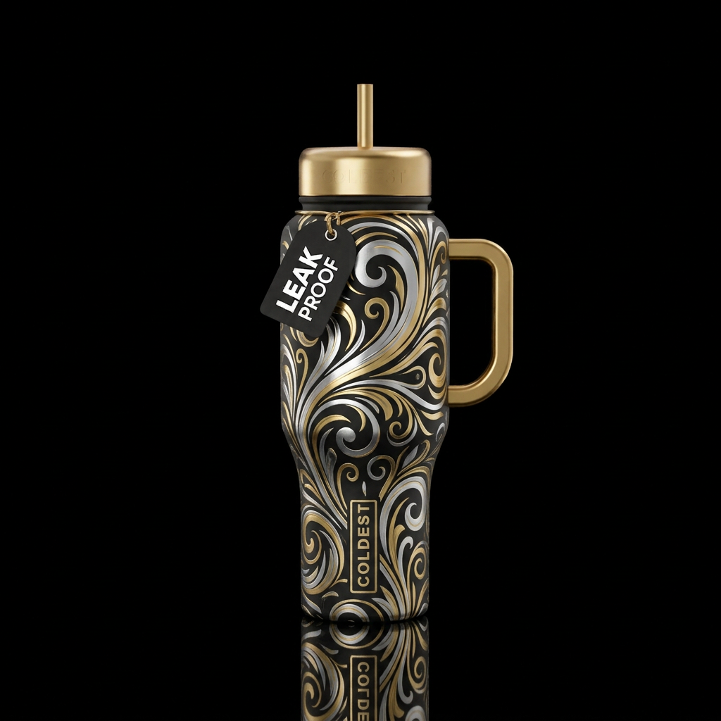Silver and gold swirls water bottle design