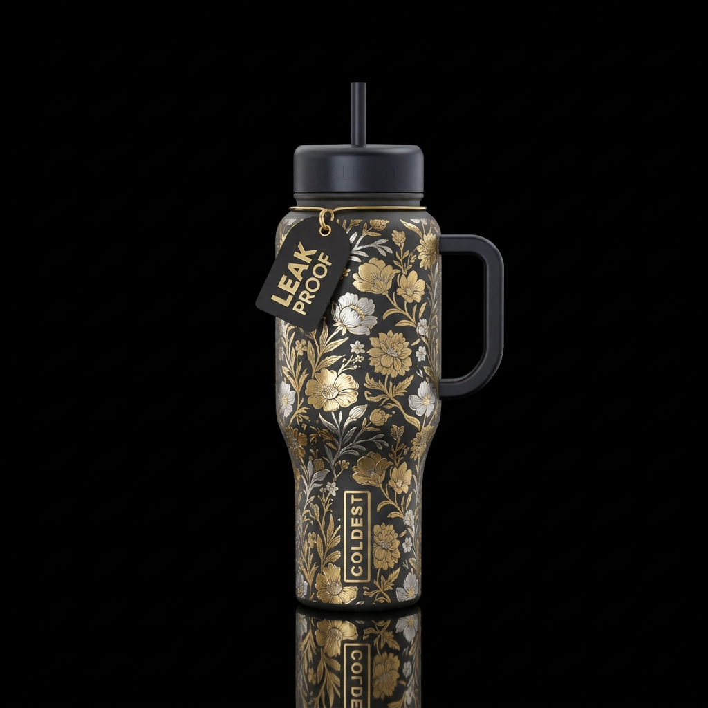 Gold and silver floral water bottle design