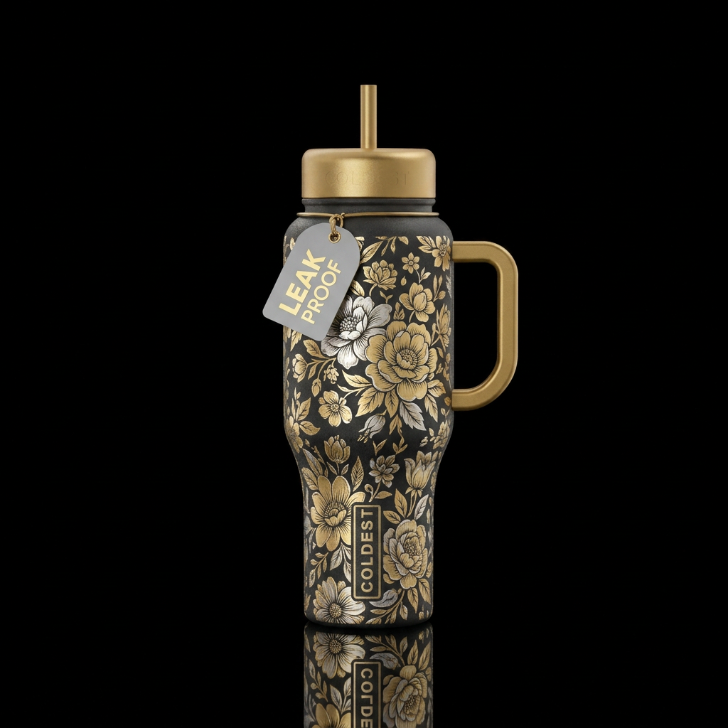 Gold and silver floral water bottle design