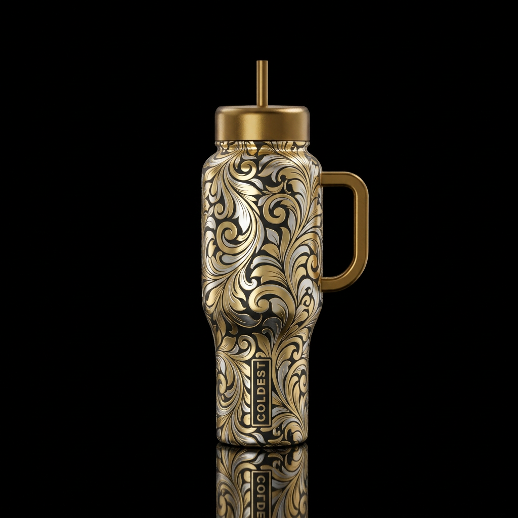 Gold and silver floral swirls water bottle design