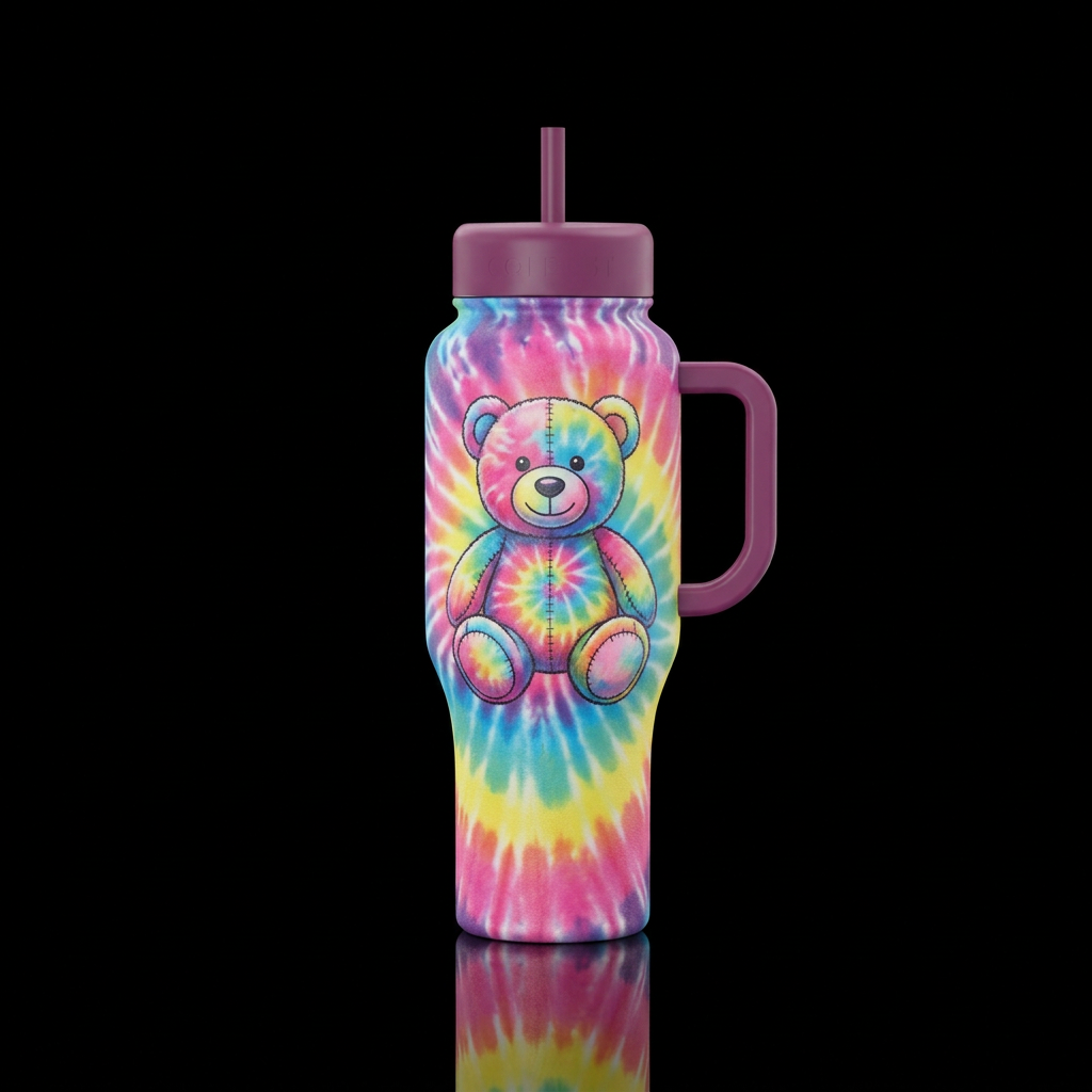 Tie dye teddy bear water bottle design