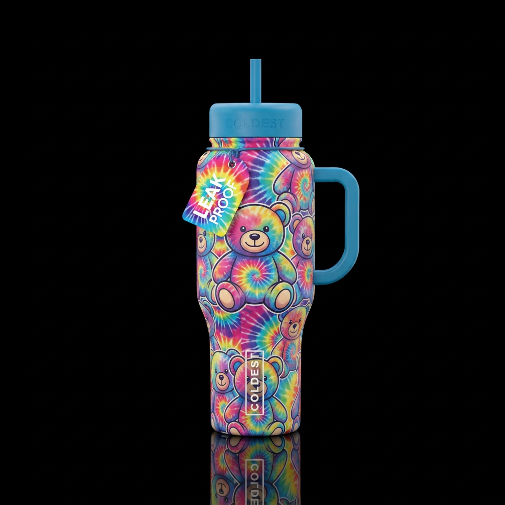 Tie dye teddy bear water bottle design