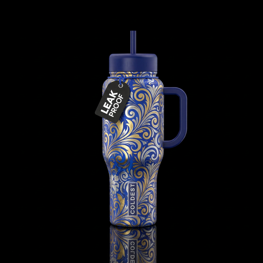 Royal blue gold and silver floral swirls water bottle design