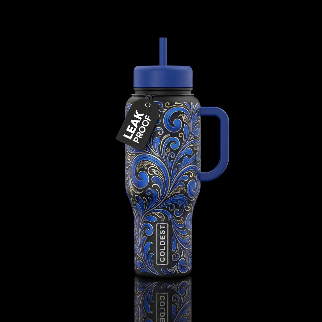 Royal blue gold and silver floral swirls water bottle design