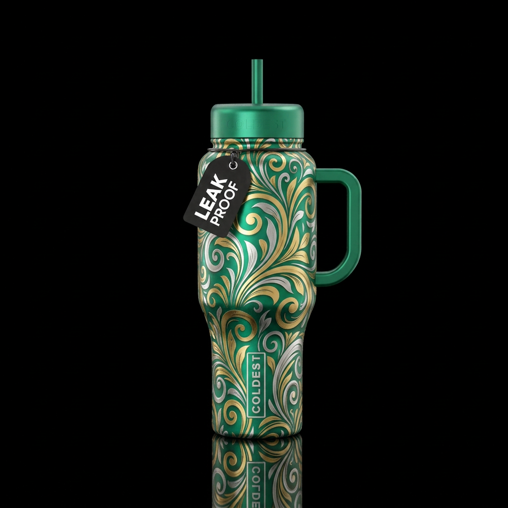 Emerald green gold and silver floral swirls water bottle design