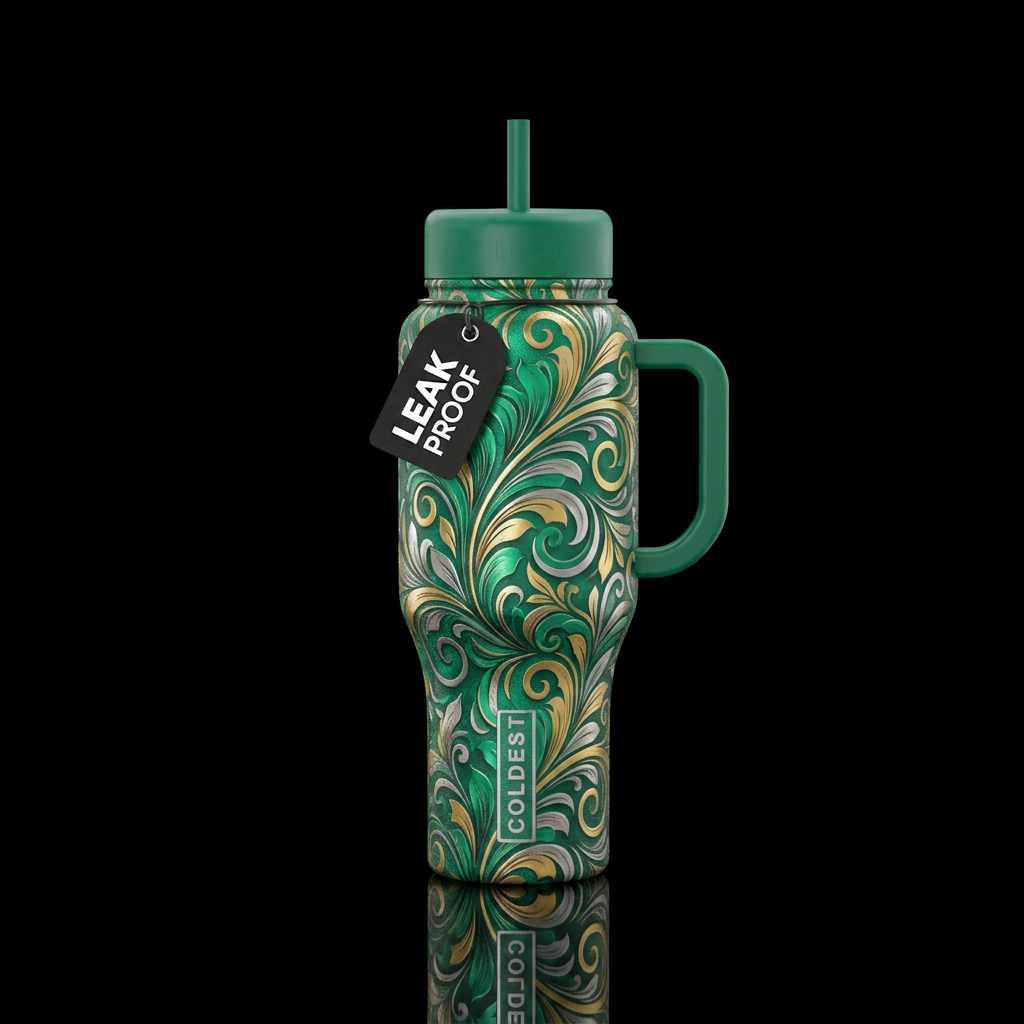 Emerald green gold and silver floral swirls water bottle design