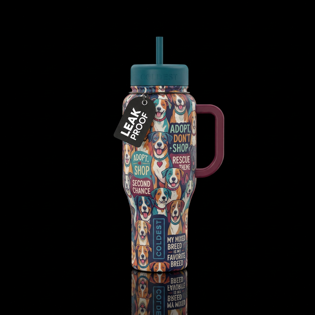 Many mixed breeds, rescue theme water bottle design