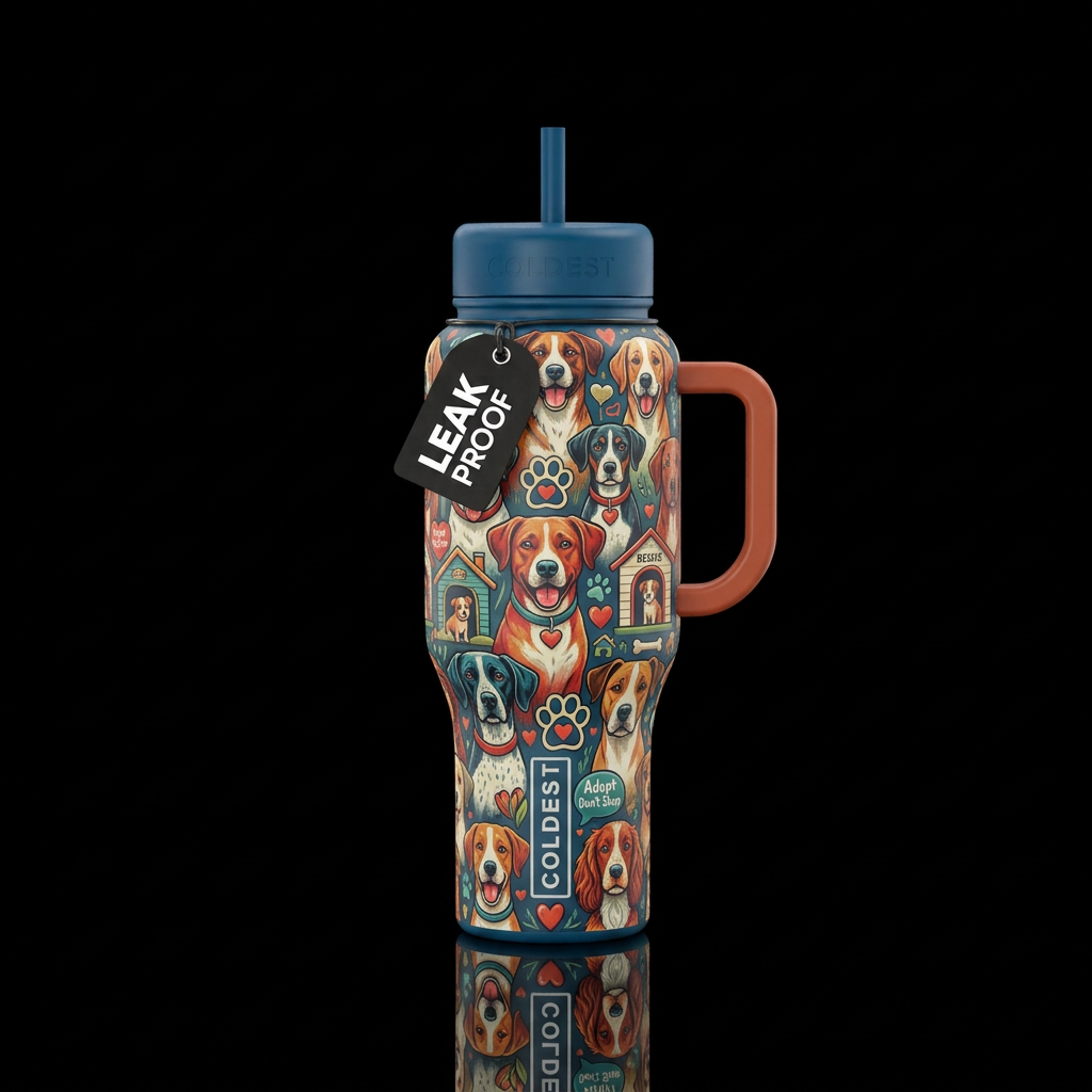 Many mixed breeds, rescue theme water bottle design