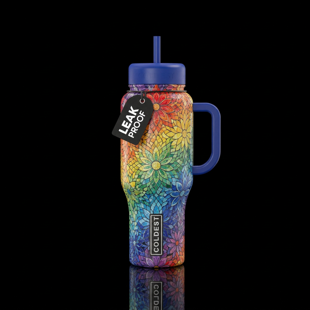 Rainbow colored floral mosaic water bottle design