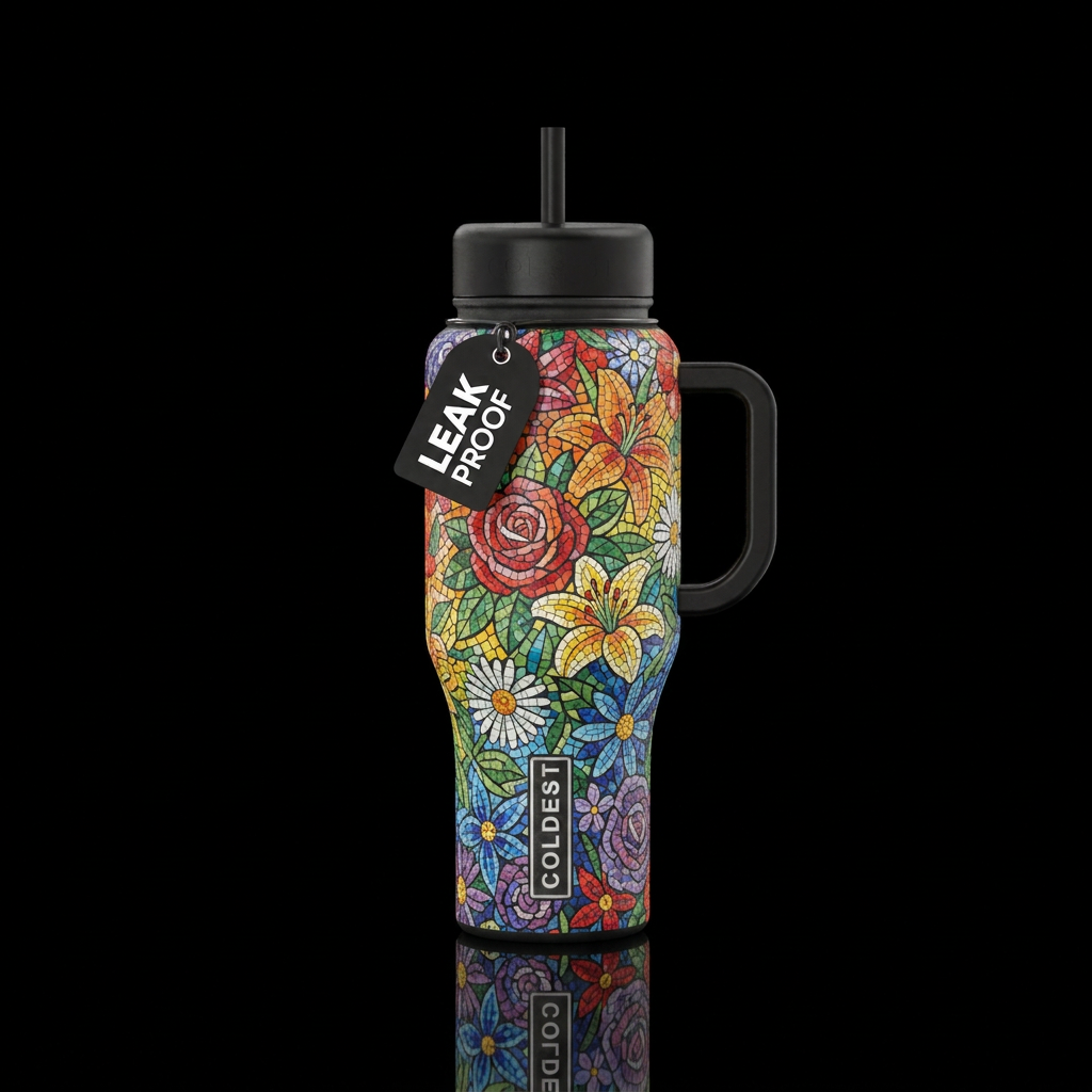 Rainbow colored floral mosaic water bottle design