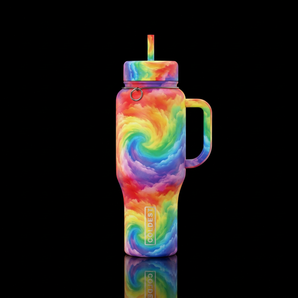 Rainbow swirled clouds water bottle design