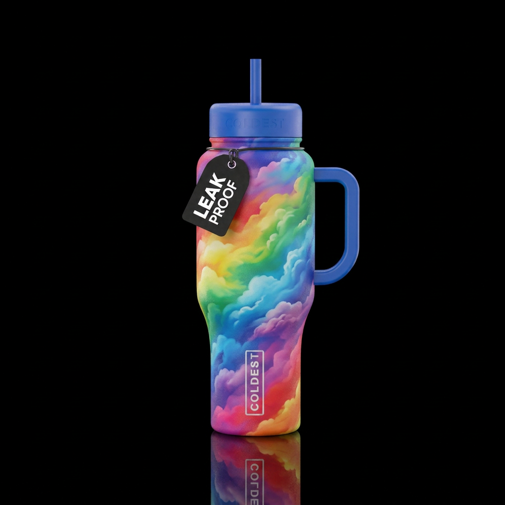 Rainbow swirled clouds water bottle design