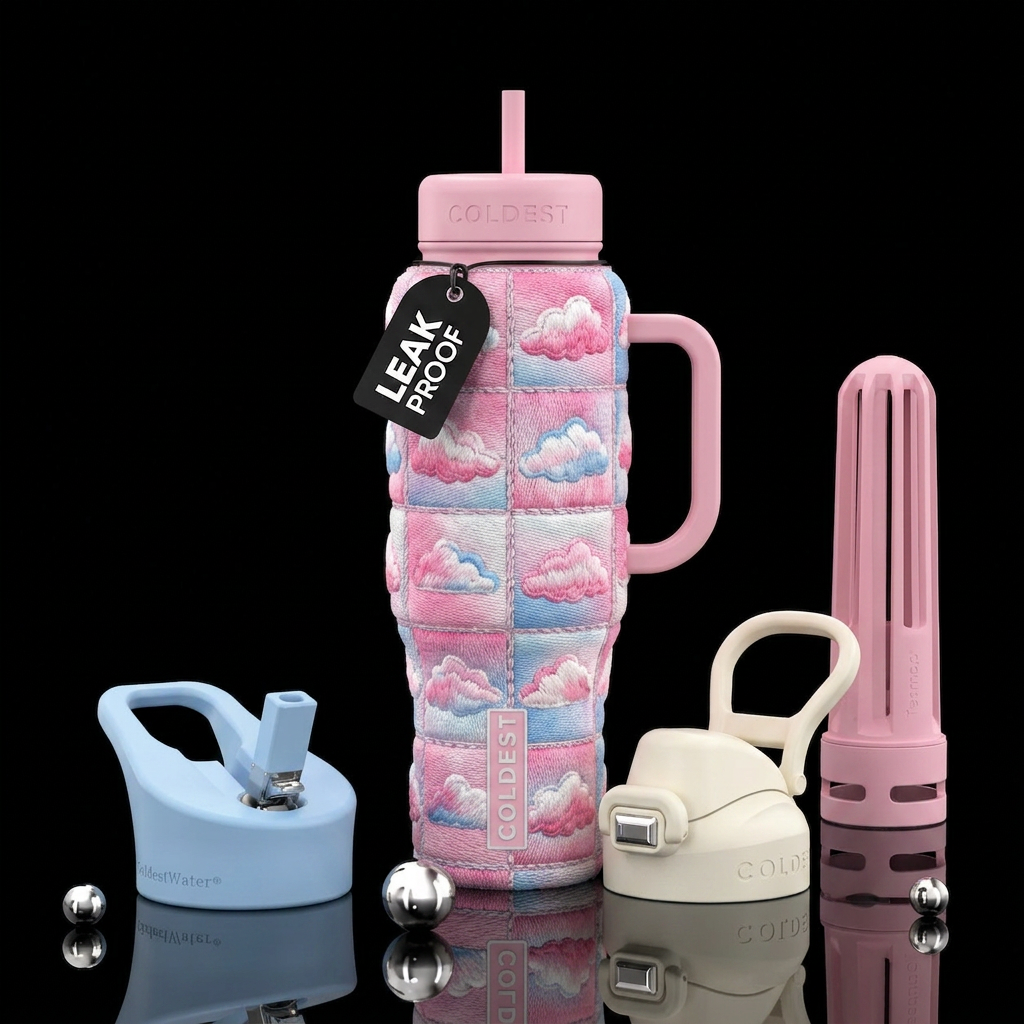 Pink white and blue embroidered clouds in a quilt ... water bottle design