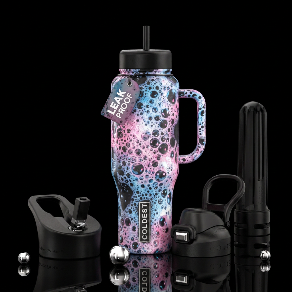 pink white and blue soap suds water bottle design