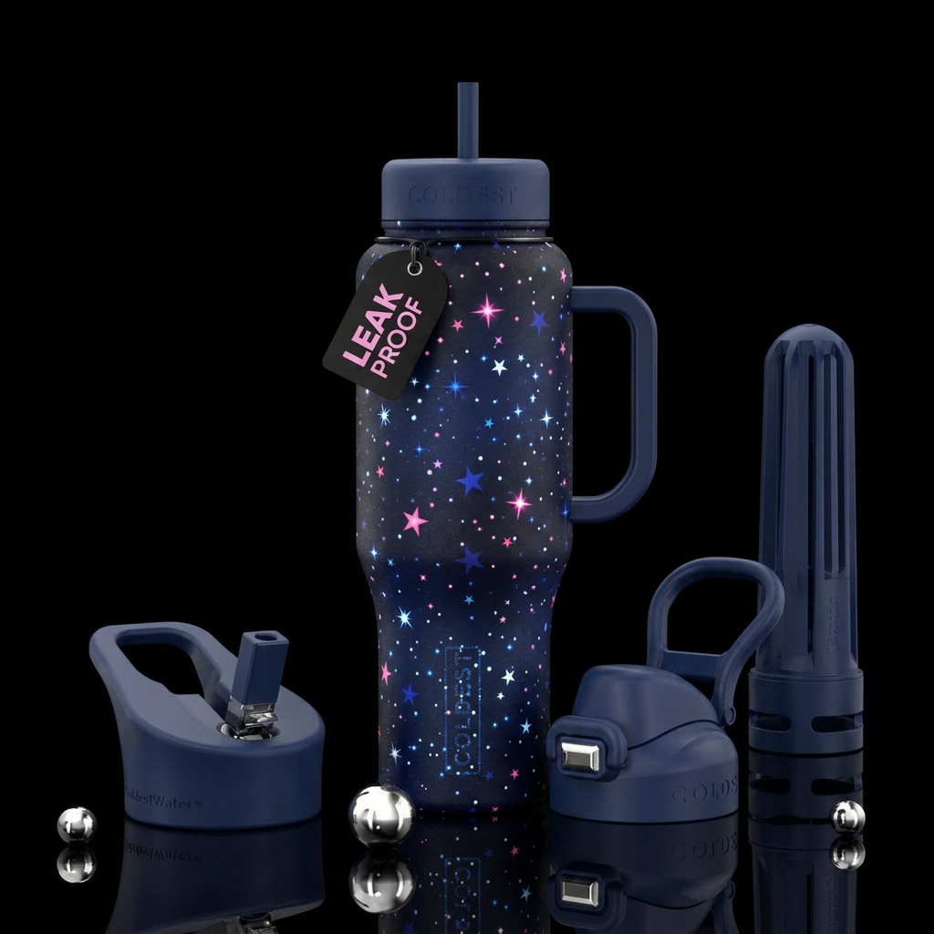 twinkling pink white and blue starts in the night ... water bottle design