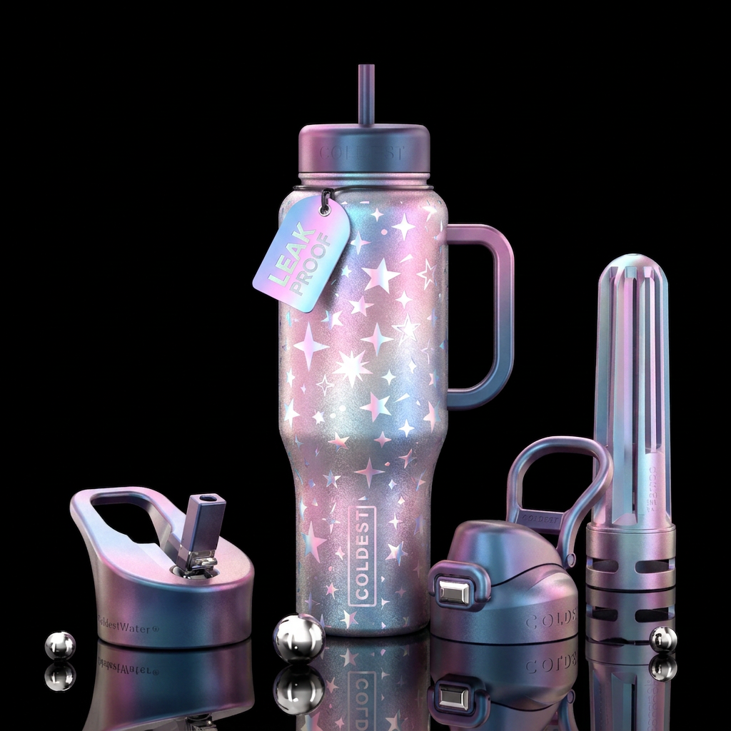 irridescent pink white and blue stars water bottle design