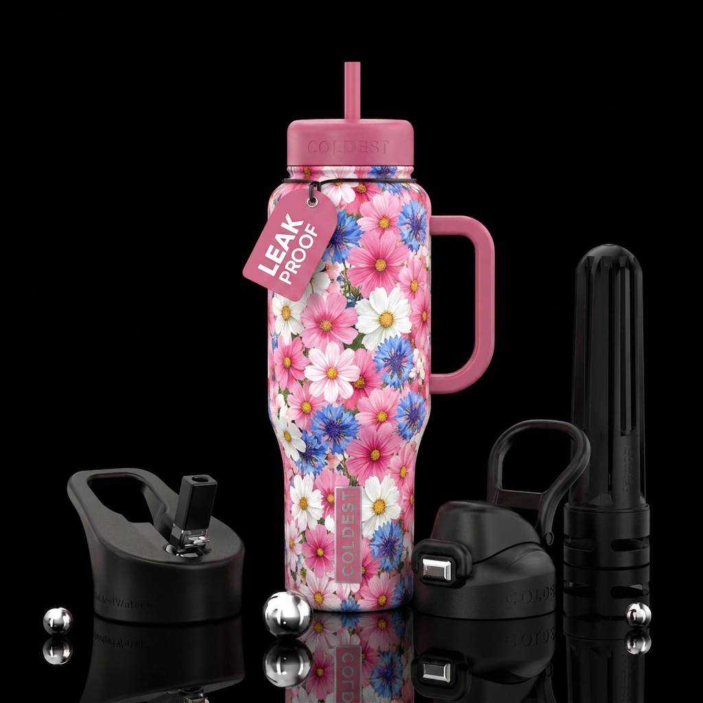 pink white and blue cheerful wild flowers water bottle design