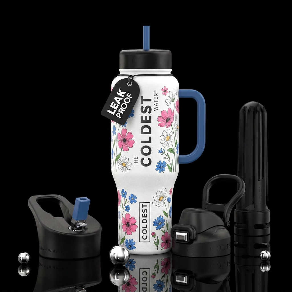 pink white and blue cheerful wild flowers that app... water bottle design