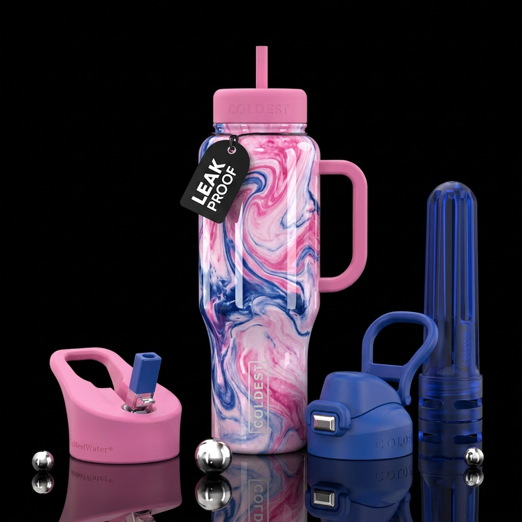 pink white and blue marble swirl water bottle design