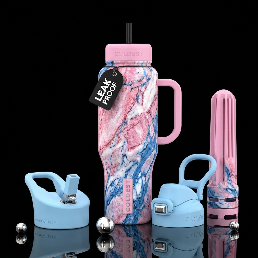 pink white and blue basalt water bottle design